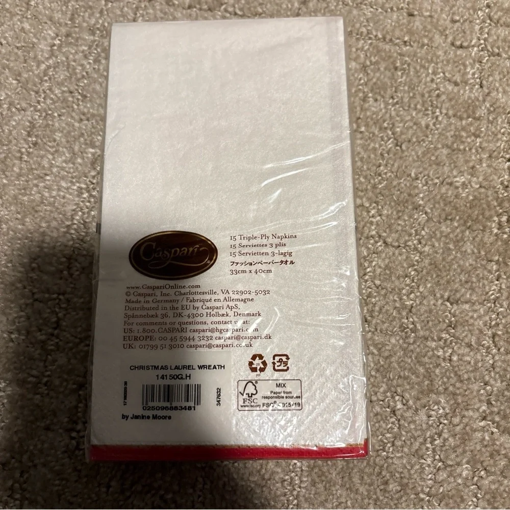 Caspari Christmas Laurel Wreath Monogram Letter H 15 Triple Ply Napkins 33x40